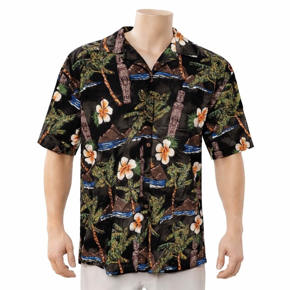 Newport‎ Blue Hawaiian Aloha Shirt XL Palm Trees Hibiscus Tiki Black